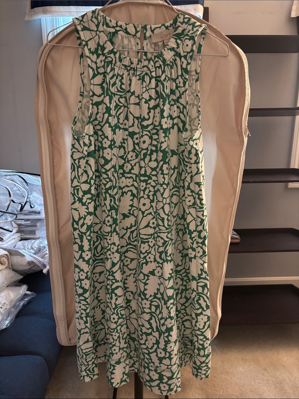 LOFT Green and White Floral A-Line Dress